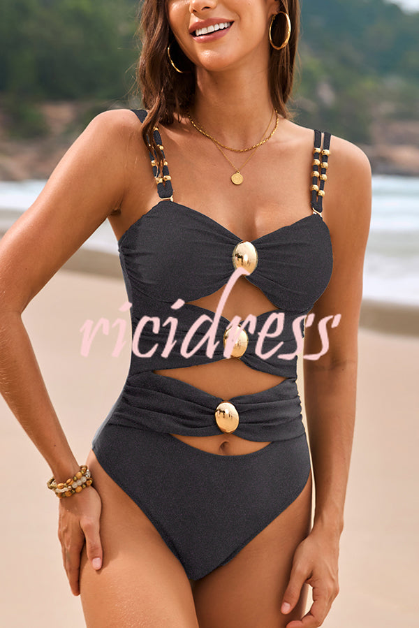 Fashionable Color-blocked Metal Button Stretch One-piece Swimsuit