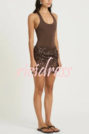 Shine Your Event Ruched Sequin Draped Hem Tank Stretch Mini Dress