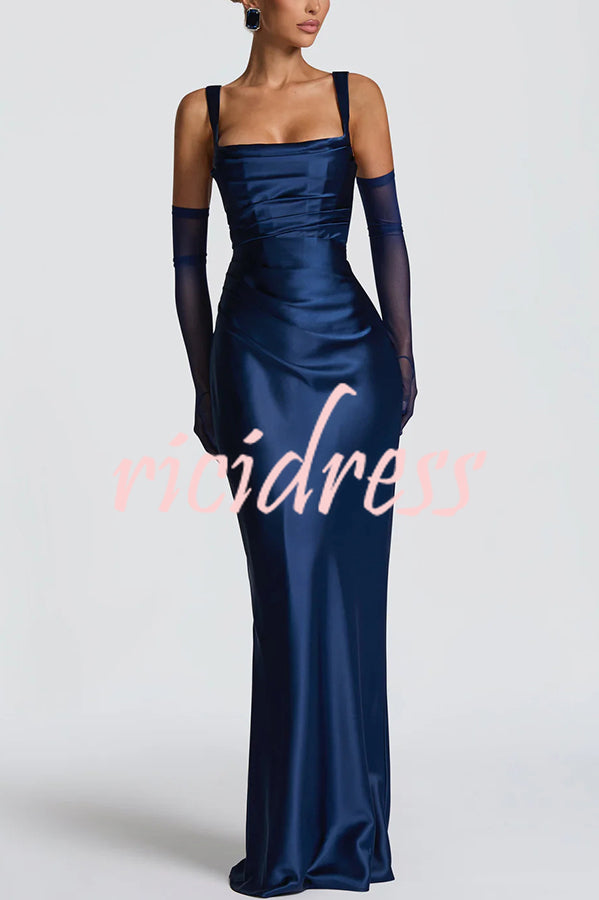 Calanthe Satin Square Neck Ruched Back Lace-up Drape Mesh Scarf Maxi Dress
