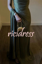 Fashion One-shoulder Pleated Ribbon Slim Slit Maxi Dress