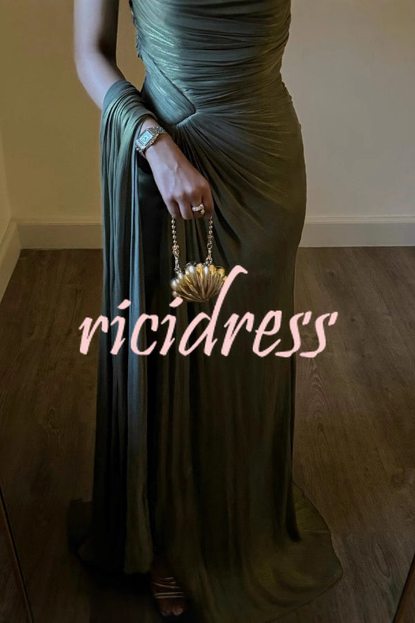 Fashion One-shoulder Pleated Ribbon Slim Slit Maxi Dress