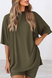Solid Color Loose Short-sleeved Top and Stretch Casual Shorts Set