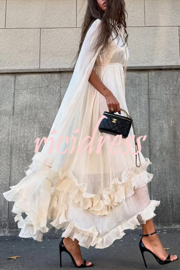 Fashionable V-neck Lace-up Ruffled Double-layer Hem Maxi Dress