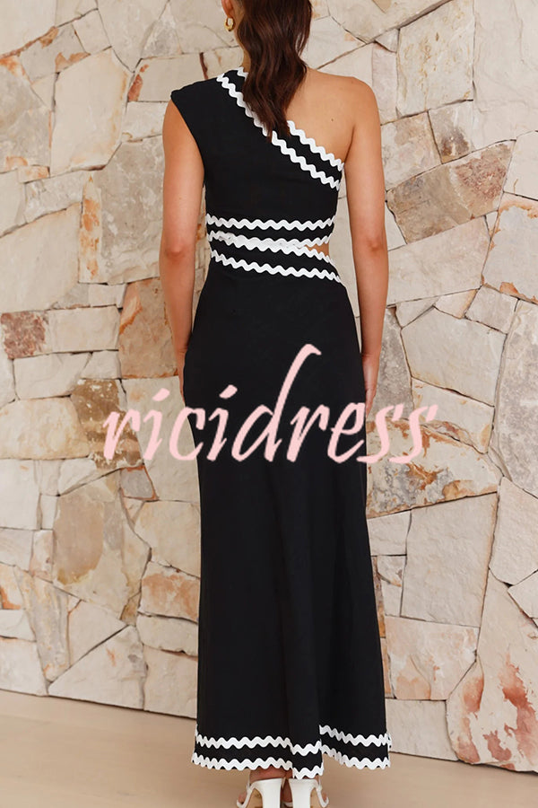 Wavy Lace Waist Cutout One Shoulder Sleeveless Maxi Dress