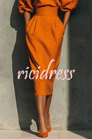 Linen Blend Round Neck Balloon Sleeve Top and High Waist Casual Pocket Midi Skirt Set
