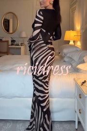 City Night Chiffon Colorblock Animal Print Tie-up Long Sleeve Maxi Dress