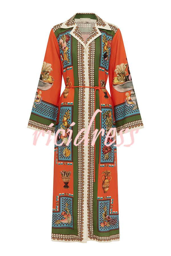 Linen Blend Unique Print Tie-waist Casual Maxi Dress