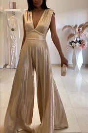 Roisin Metallic Fabric Ruched Shoulder V-neck Wide Leg Drape Jumpsuit