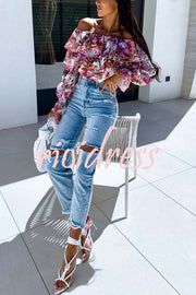 Colorful Botanical Print Sexy Off-shoulder Ruffle Top