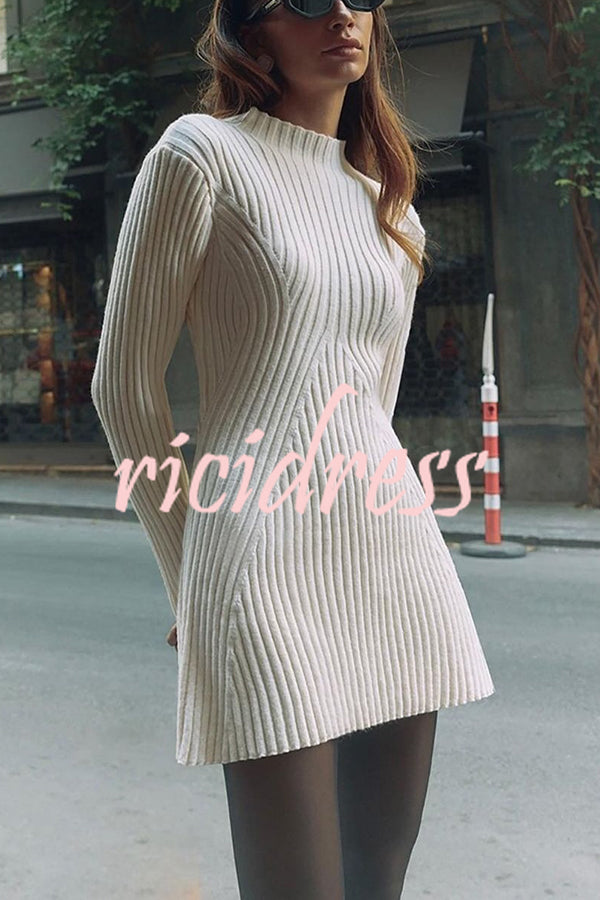 Beautiful Basic Ribbed Knit Long Slit Sleeve Flare Stretch Dress