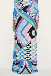 Uniquely Printed Casual Long-sleeve Shirt and Hip-covering Maxi Skirt Set