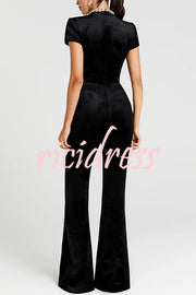 Lucia Luxurious Velvet Jewel-encrusted Turtleneck Short Sleeve Flare Stretch Jumpsuit