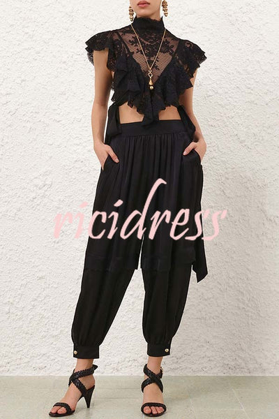 Esella Satin Gathered Waist Pocket Button Ankle Cuffs Harem Pant