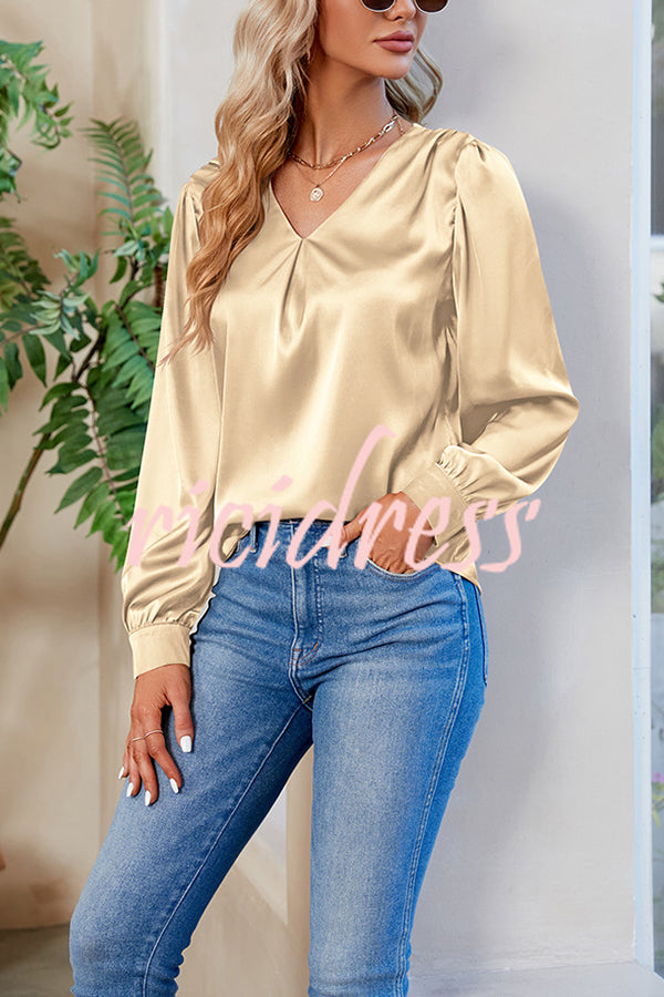 Satin Pleated V-neck Long-sleeved Loose Shirt