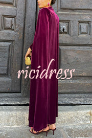 Olivienne Luxurious Velvet Padded Shoulders Slit Sleeve Lapel Midi Cape
