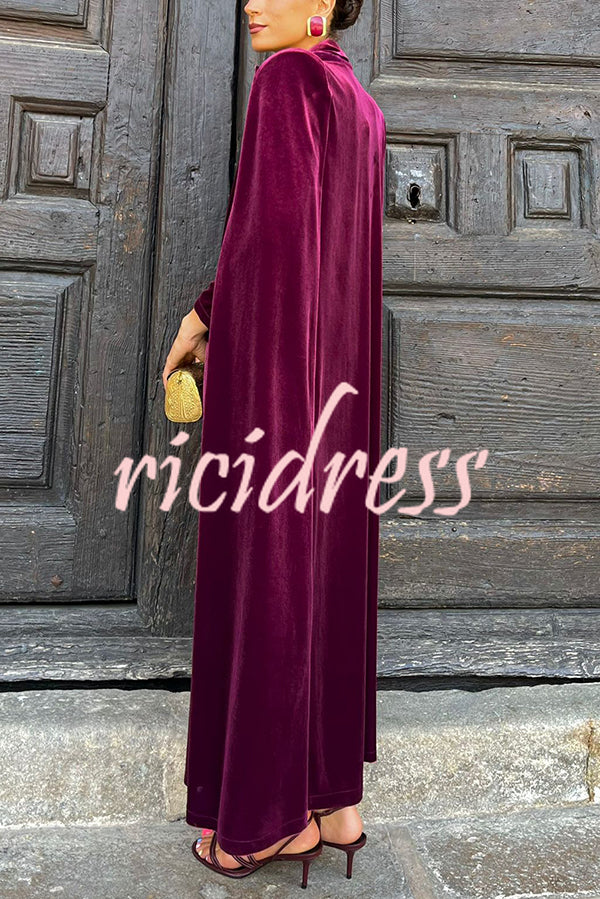 Olivienne Luxurious Velvet Padded Shoulders Slit Sleeve Lapel Midi Cape