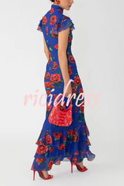 Cheongsam Style Rose Print Layered Trumpet Sleeves Stand Collar Maxi Dress