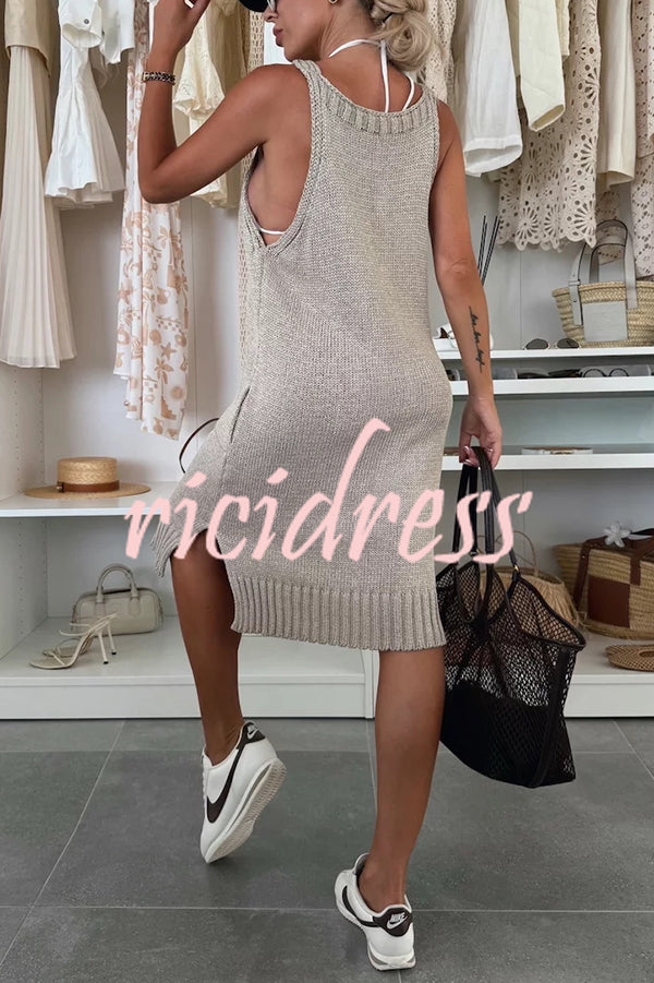 Solid Color V-Neck Sleeveless Casual Pocket Knitted Midi Dress