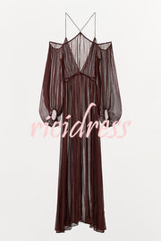 Marsie Semi-sheer Fabric Cutout Off Sholder Elastic Waist Slit Maxi Dress