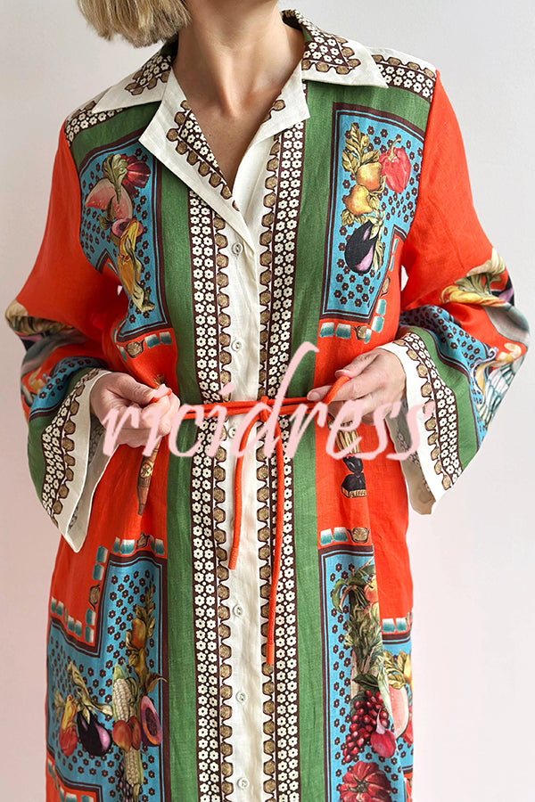 Linen Blend Unique Print Tie-waist Casual Maxi Dress