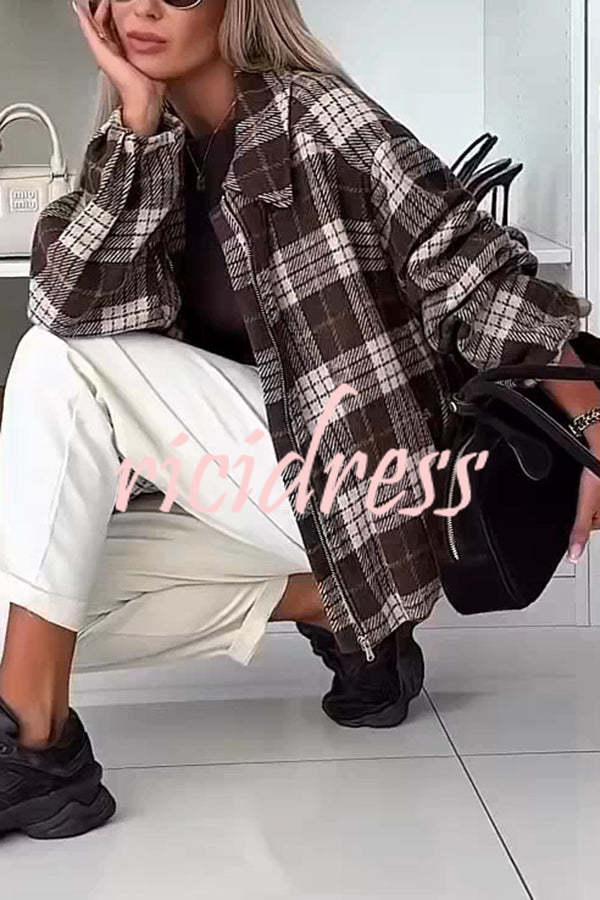Fashion Plaid Print Lapel Long Sleeve Loose Zipper Jacket