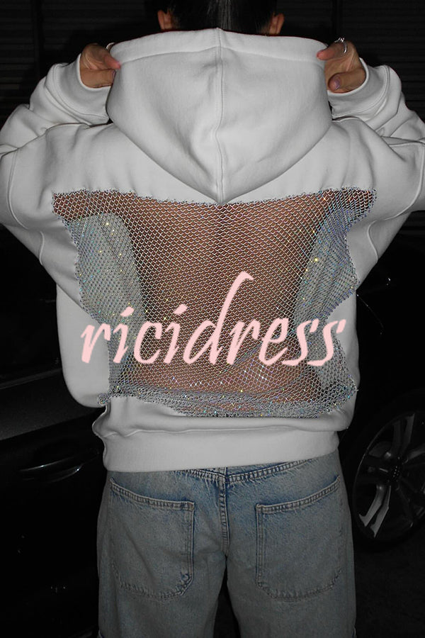 Fashionable Shiny Mesh Hollow Back Loose Long-sleeved Hooded Sweatshirt