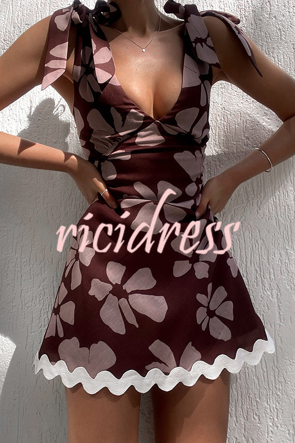 Antonie Ric Rac Trims Linen Blend Unique Print Adjustable Shoulder Tie Mini Dress