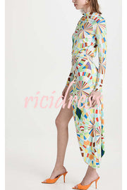 Colorful Season Printed Mock Neck Open Back Asymmetric Hem Stretch Midi Dress