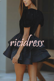 Black Swan Velvet Paneled Satin Puff Sleeve Tiered Mini Dress