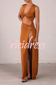 Beautiful Figure Shiny Knit Fabric Cutout Side Slit Stretch Vacation Maxi Dress