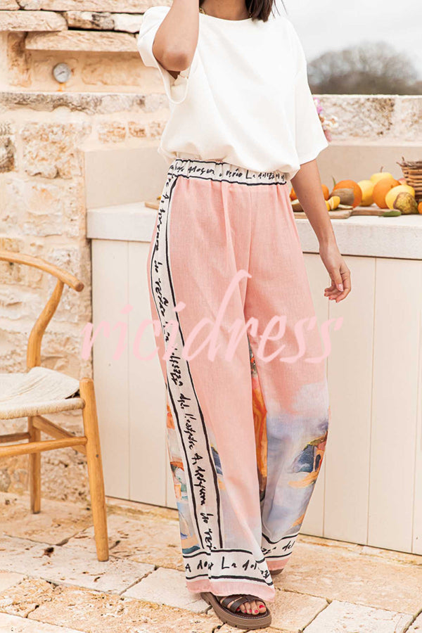 Unique Printed Elastic Waist Vacation Casual Wide Leg Pants