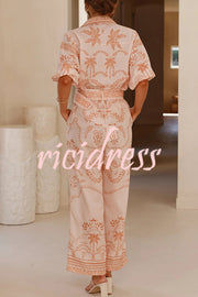 Linen Blend Lapel Puff Sleeve Loose Shirt and Casual Pocket Straight Pants Set
