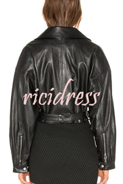 Fashion Lapel Long Sleeve Casual Zipper Pocket Leather Jacket