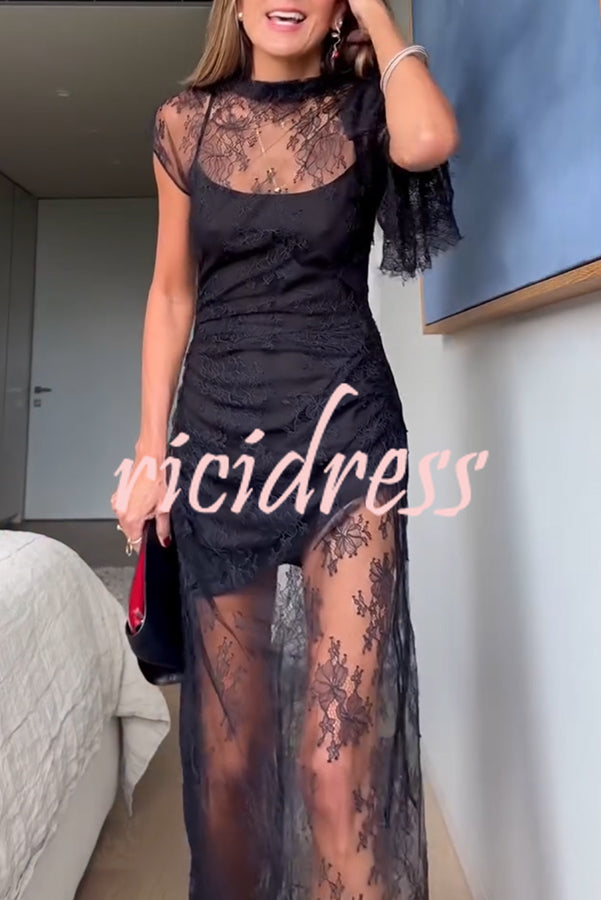 Romantic Statement Lace One Shoulder Bell Sleeve Asymmetrical Maxi Dress
