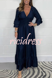 Solid Satin V-Neck Ruffle Sleeve Pleated Waist Maxi Dress