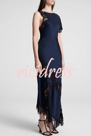Paris Dream Satin Lace Trim Irregular Design Drape Maxi Dress