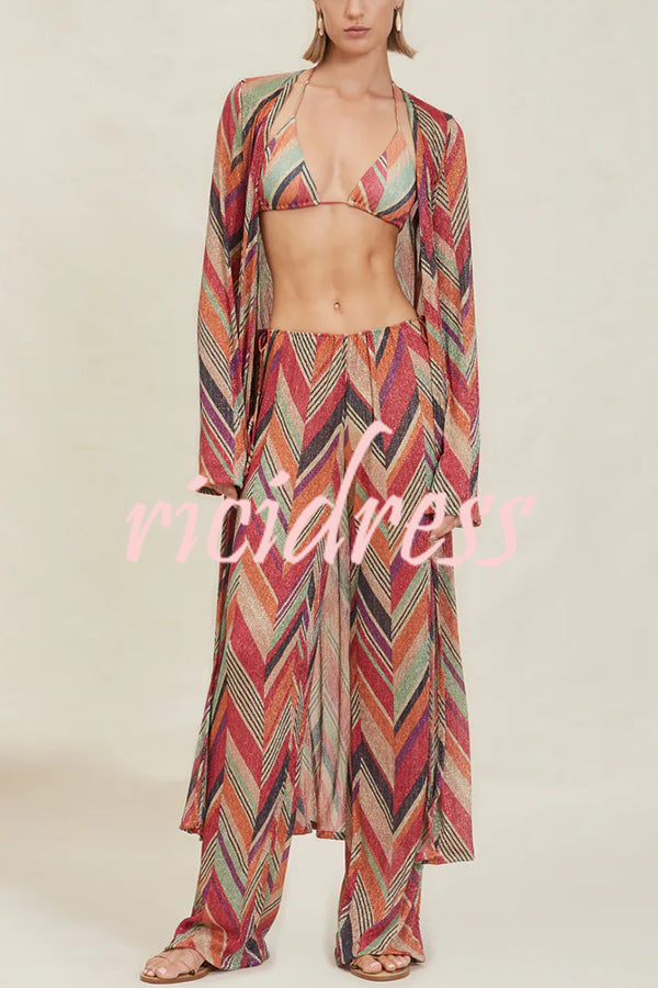 Gypsy Girl Triangle Pattern Tie-up Long Sleeve Midi Cover-up Robe