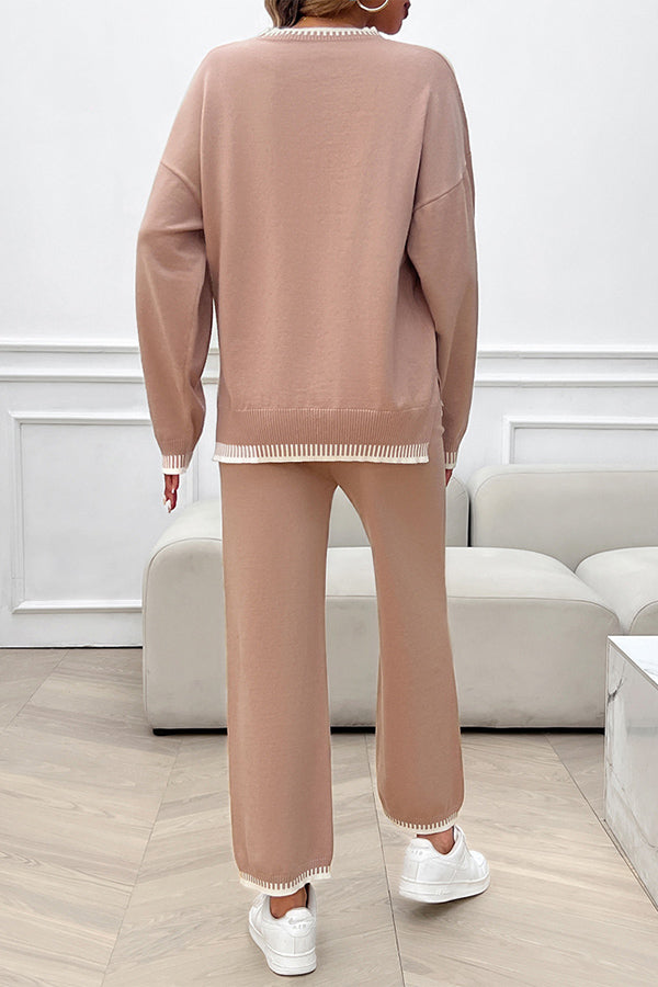 Home Casual Contrasting Color Knitted Sweater and Elastic Waist Loose Pants Set