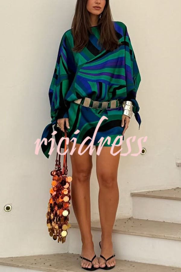 Micah Satin Unique Print Slit Tie-up Sleeve Shift Kaftan Mini Dress