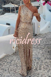 Santorini Night Sequin Fabric One Shoulder Slit Maxi Dress