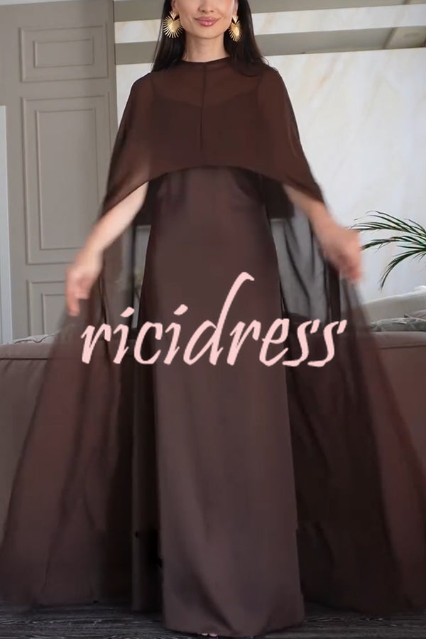 Moonlit Muse Sheer Chiffon High Low Cape Slip Maxi Dress