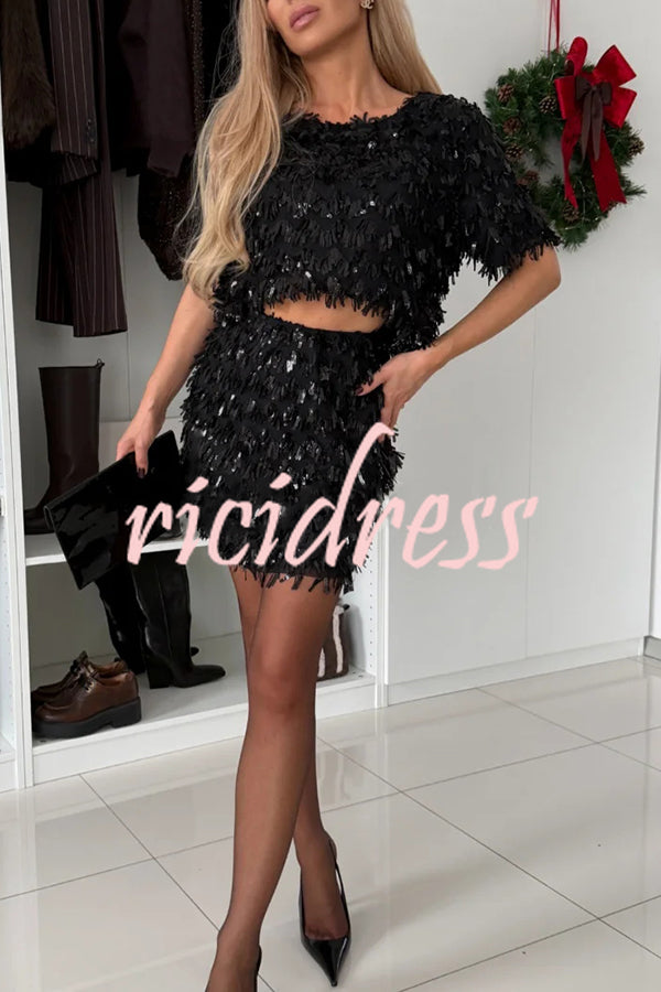Polished Uptown Sequin Tassel Round Neck Short Sleeve Top and Elastic Waist Mini Skirt Set