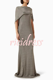 Fit and Elegance Fine Shimmering Fabric Open Cowl Back Draped Neckline Maxi Dress