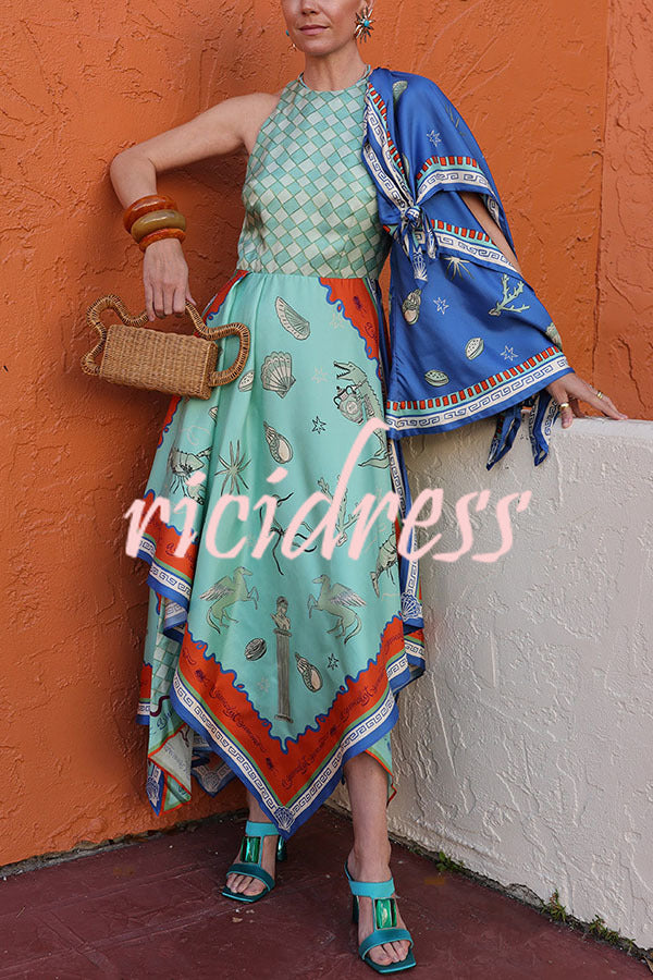 Surrealist Summer Satin Unique Print Tie-up Details Layered Hem Scarf Maxi Dress