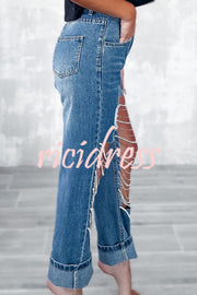 Casual Pocket Ripped Chain Embellished Straight Jeans