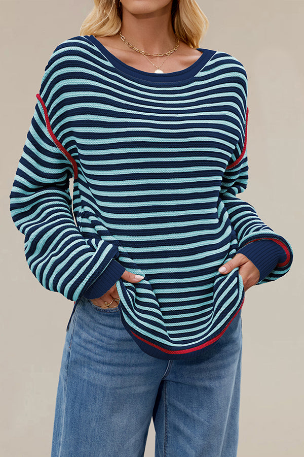 Striped Knit Loose-fitting Crew Neck Long-sleeved Casual Sweater