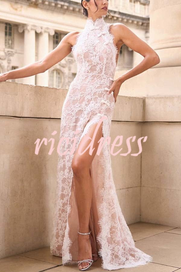 Cheongsam Style Lace Mandarin Halter Neck Backless Slit Maxi Dress