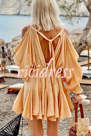 Anita Cold Shoulder Ruched Balloon Sleeve Pleated Hem Loose Mini Dress