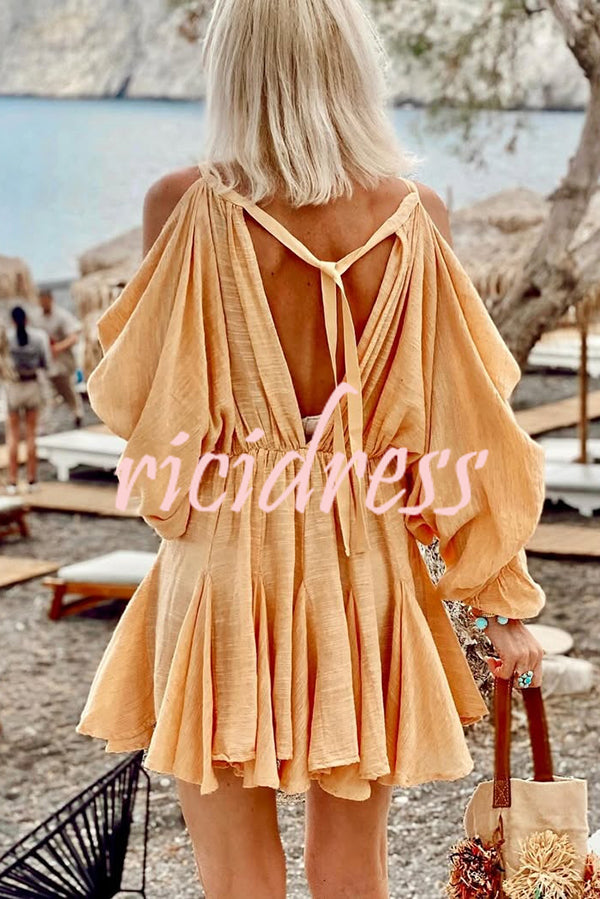 Anita Cold Shoulder Ruched Balloon Sleeve Pleated Hem Loose Mini Dress