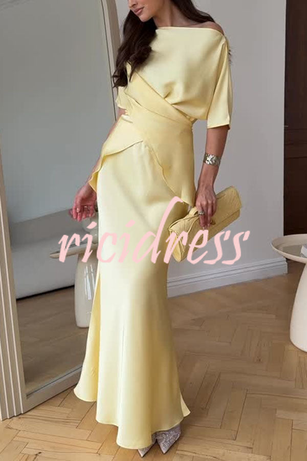 Secret of Elegance Satin Slit Back Lace-up Top and Elastic Waist Flare Maxi Skirt Set